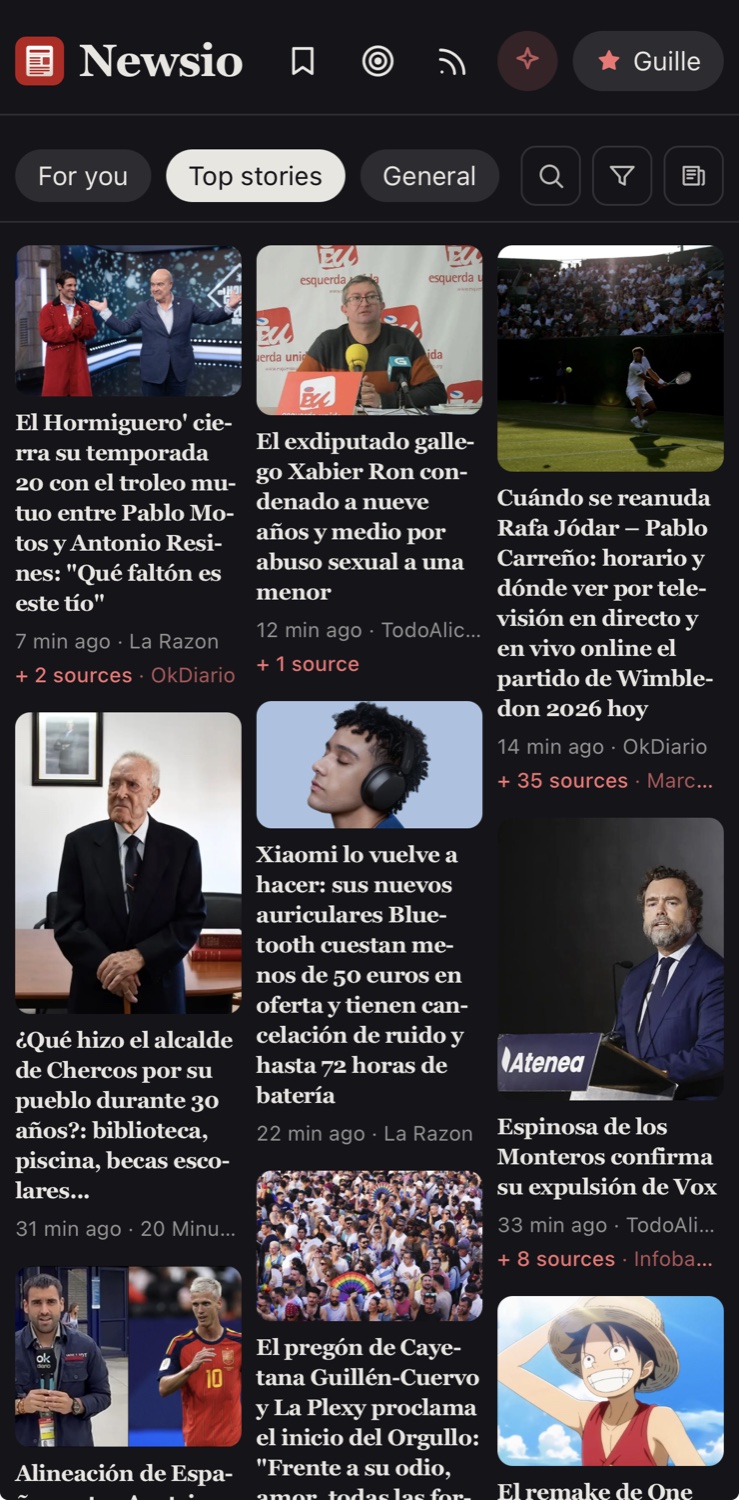 Newsio on mobile — front page